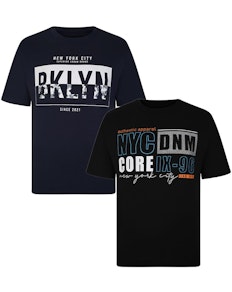 KAM Twin Pack NYC/Brooklyn Print T-Shirt Black/Navy